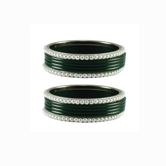 Green Moti Acrylic-Brass Bangle With Extra Large Size (Pack Of 12) (sku-ban2862)