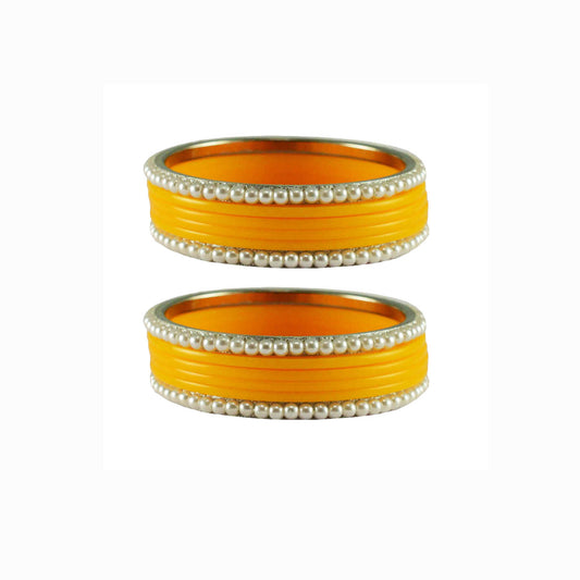 Yellow Moti Acrylic-Brass Bangle With Extra Large Size (Pack Of 12) (sku-ban2865)