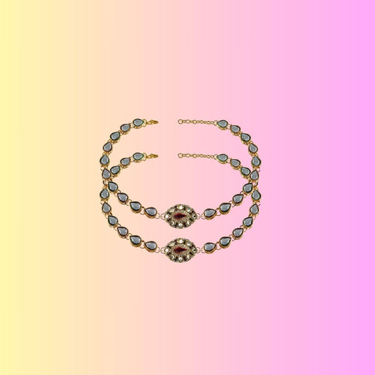 White  Stone Stud-Gold Platted Brass Anklet (Pack Of  2)(sku-ank170)