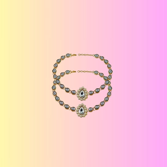 White  Stone Stud-Gold Platted Brass Anklet (Pack Of  2)(sku-ank186)
