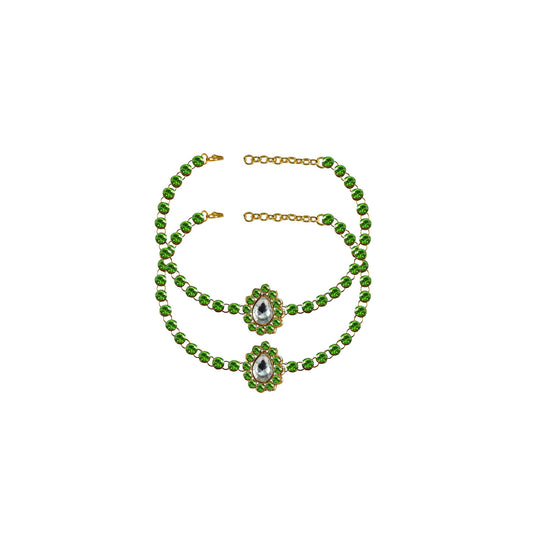 Green Stone Stud-Gold Platted Brass Anklet (Pack Of  2)(sku-ank212)