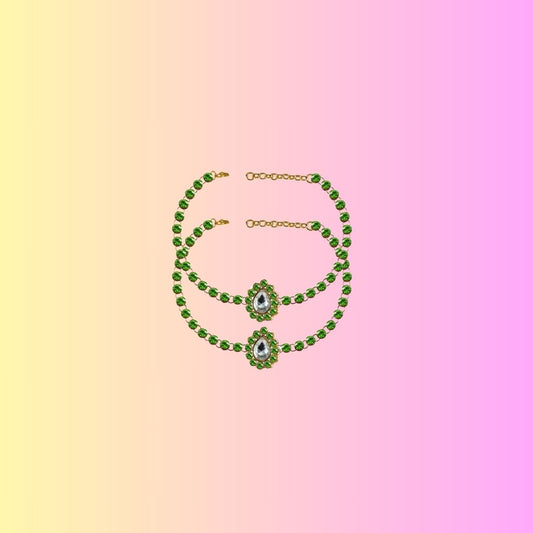 Green Stone Stud-Gold Platted Brass Anklet (Pack Of  2)(sku-ank212)