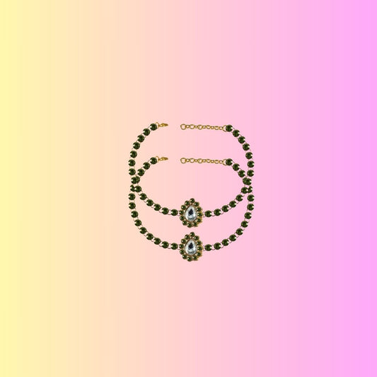 Green Stone Stud-Gold Platted Brass Anklet (Pack Of  2)(sku-ank214)