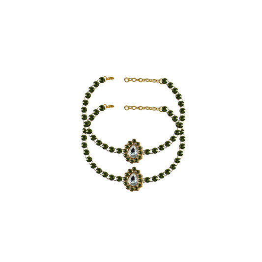 Green Stone Stud-Gold Platted Brass Anklet (Pack Of  2)(sku-ank214)