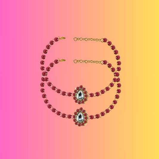 Pink Stone Stud-Gold Platted Brass Anklet (Pack Of  2)(sku-ank216)