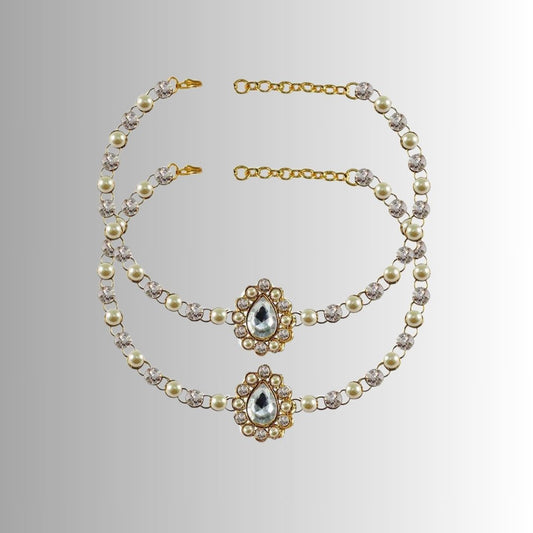 White  Stone Stud-Gold Platted Brass Anklet (Pack Of  2)(sku-ank218)