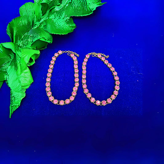 Pink Stone Stud  Brass Anklet Pack Of-2 (sku-anks331)