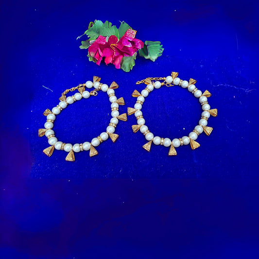 White Moti Stud Brass Anklet Pack Of-2 (sku-anks333)