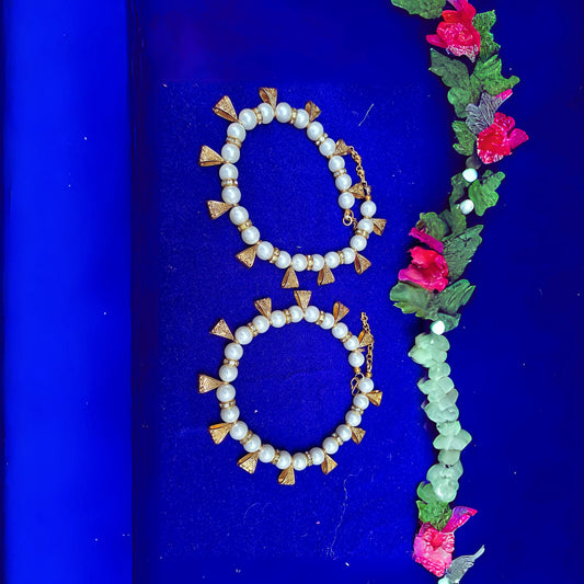 White Moti Stud Brass Anklet Pack Of-2 (sku-anks333)
