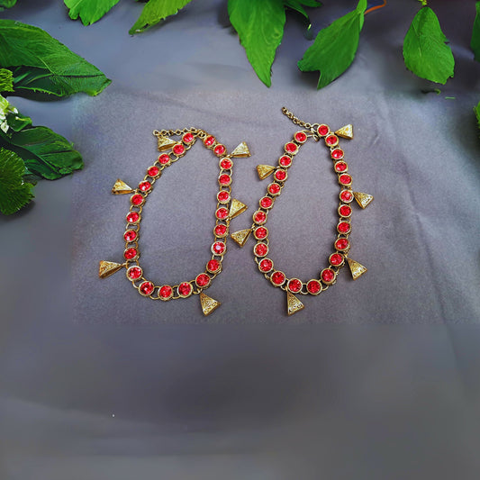Red Stone Stud  Brass Anklet Pack Of-2 (sku-anks335)