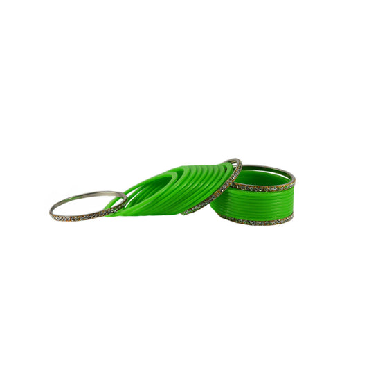 Light Green Stone Acrylic-Brass Bangle With Extra Large Size  (Pack Of 22) (sku-ban1398)