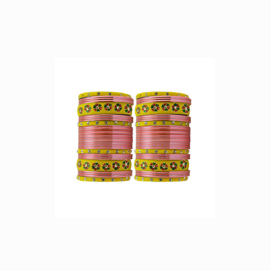 Peach  Brass Stone Stud Bangle Pack Of-60 (sku-ban29683)