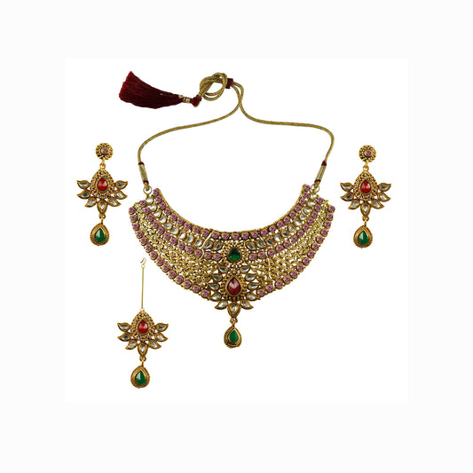 Golden Stone Stud-Gold Platted Brass Necklace set  Pack Of-4 (sku-nec2594)