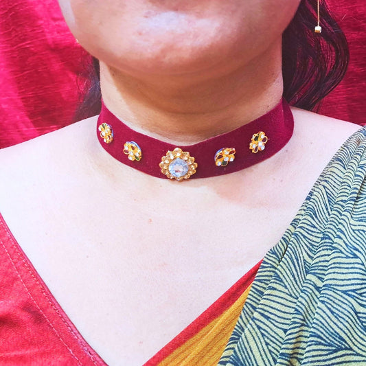 Stone Stud  velvet Maroon Kanthi (sku-necs6438)