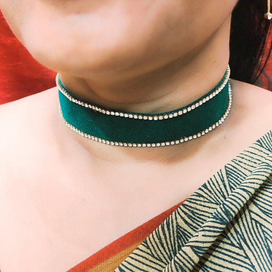 Stone Stud  velvet Green Kanthi (sku-necs6441)