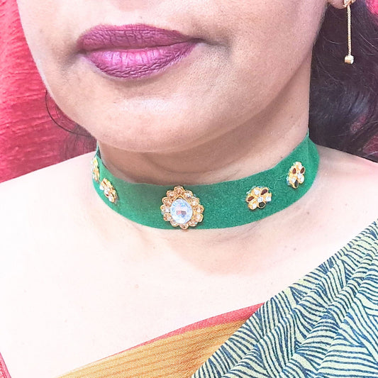Stone Stud  velvet Green Kanthi (sku-necs6452)