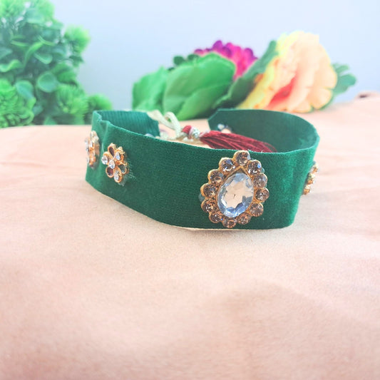 Stone Stud  velvet Green Kanthi (sku-necs6452)