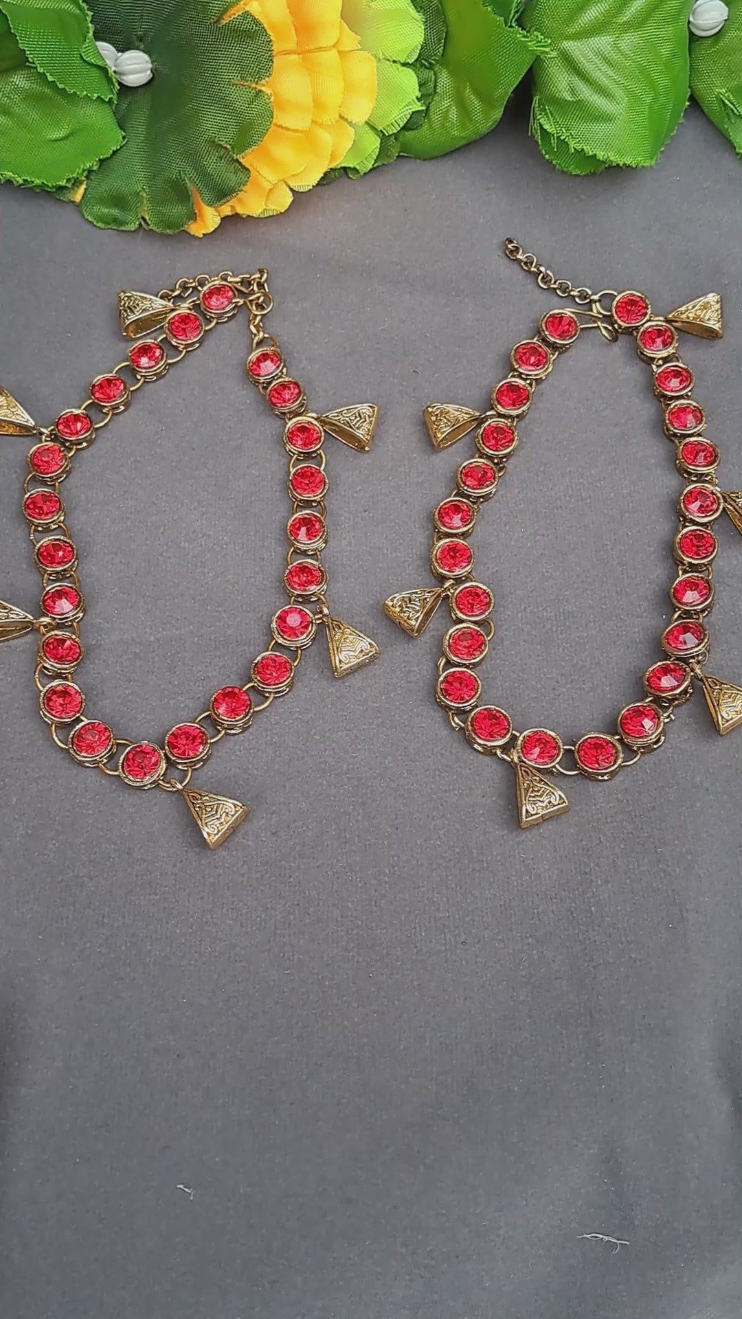 Red Stone Stud  Brass Anklet Pack Of-2 (sku-anks335)